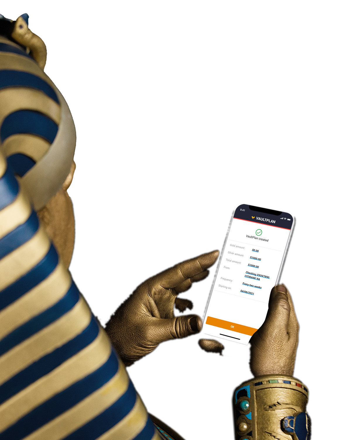 King Tut holding phone showing VaultPlan